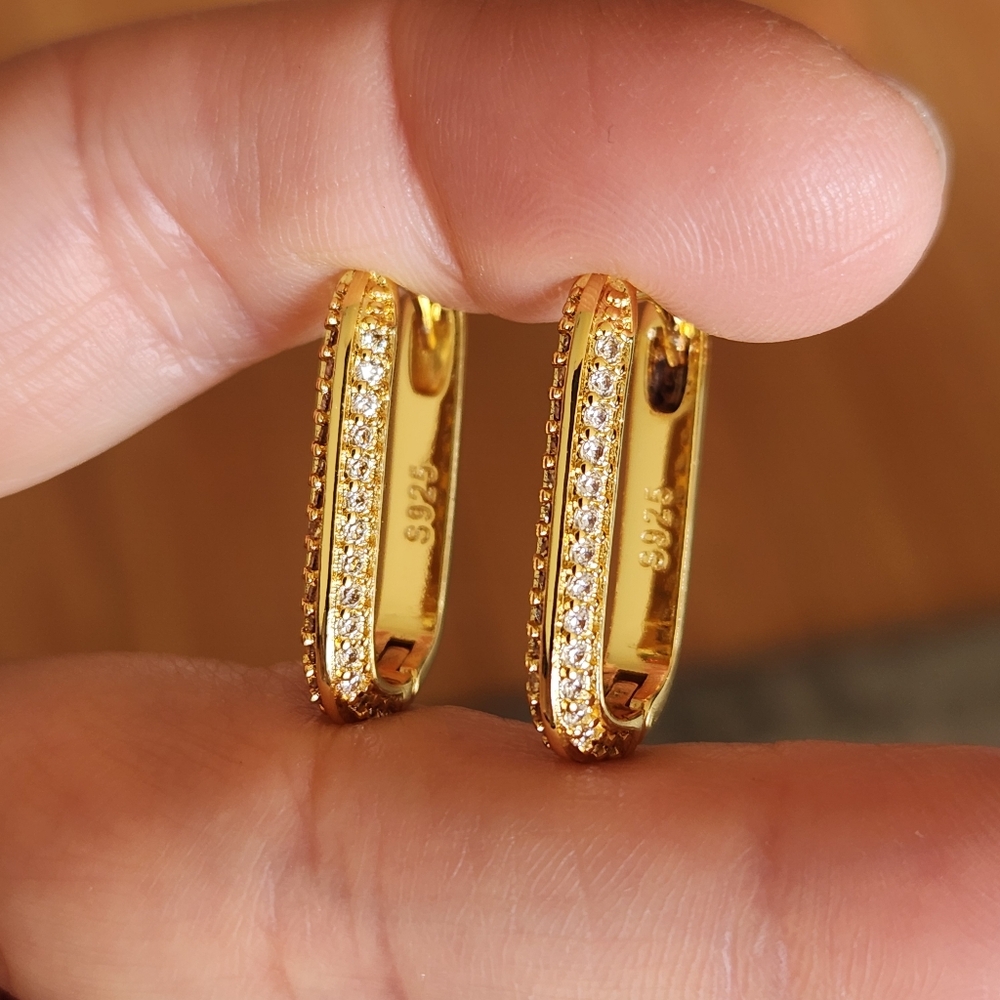 New 18K Gold Plated Diamond Rectangle Shaped Hoop Earrings for Women